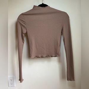 Tan / Taupe Ribbed Lettuce Trim Mock Turtle Neck Long Sleeve Top ( size XS )